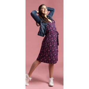 BETABRAND Pink Green Floral Long Sleeve Fall Office Wrap Midi Dress Size Small